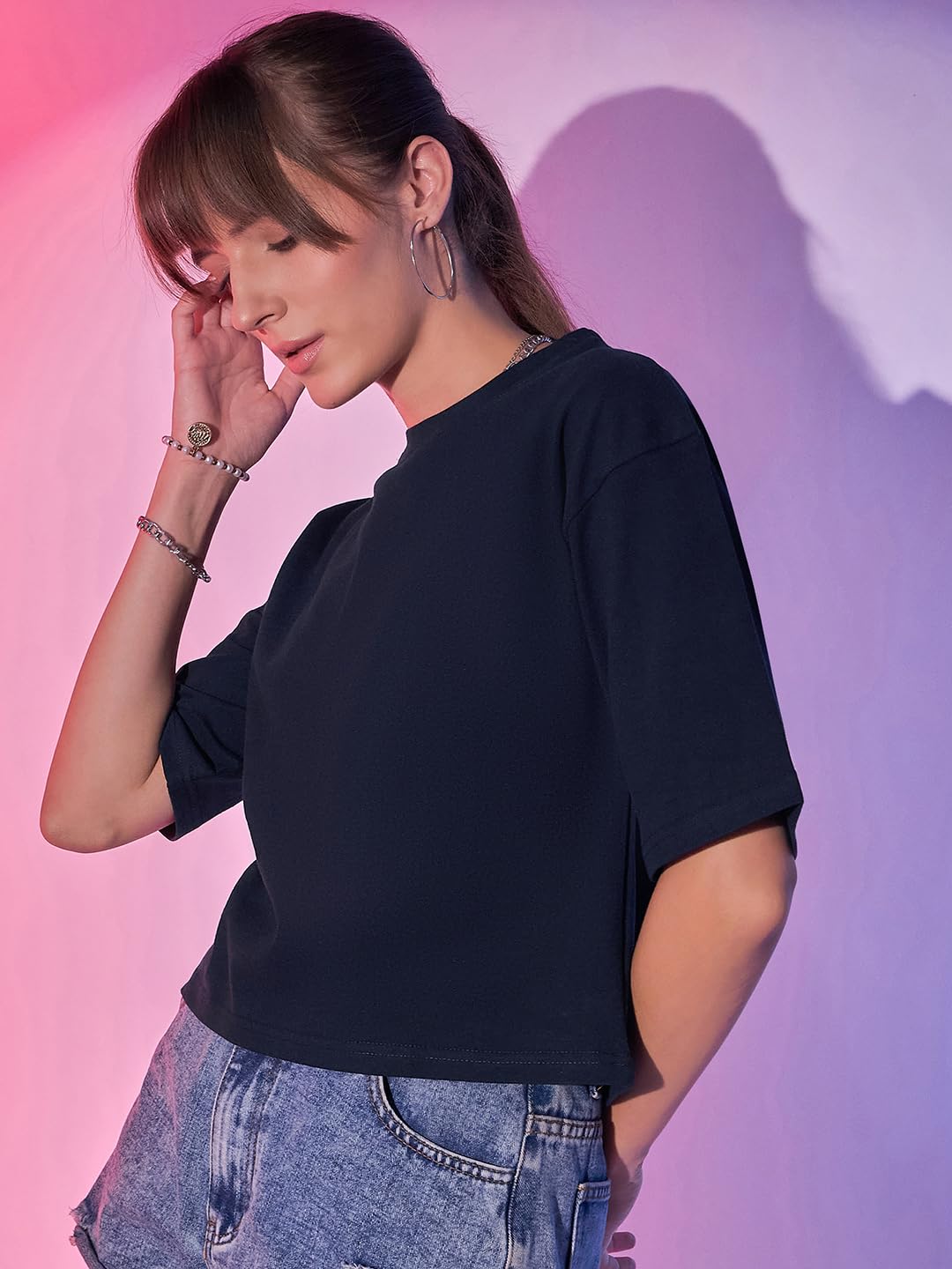 Boxy Fit Drop Shoulder Baggy Fit Cropped Tshirts Cotton Solid Loose Fit Round Neck Women Short T-Shirt