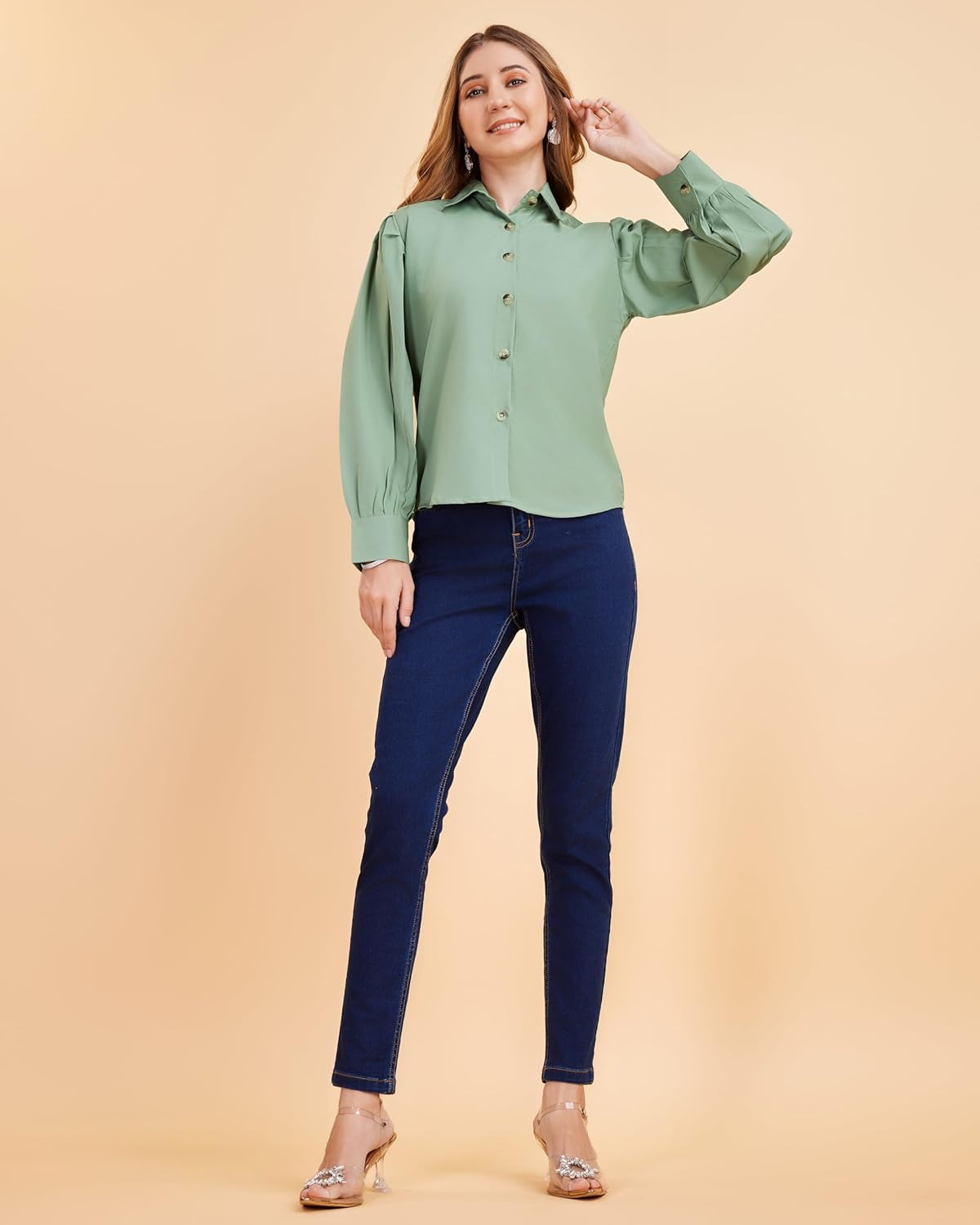 harshiv Enterprise Women's Crepe Casual Balloon Sleeve Shirt | Stylish Lightweight Top for Office, Travel Comfortable, Breathable, Easy to Care Fabric