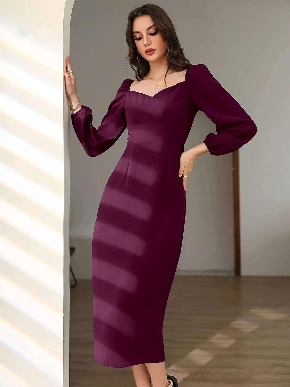 rosery paris Midi Bodycon Bishop Puff Sleeve One Piece Dress Causal Formal