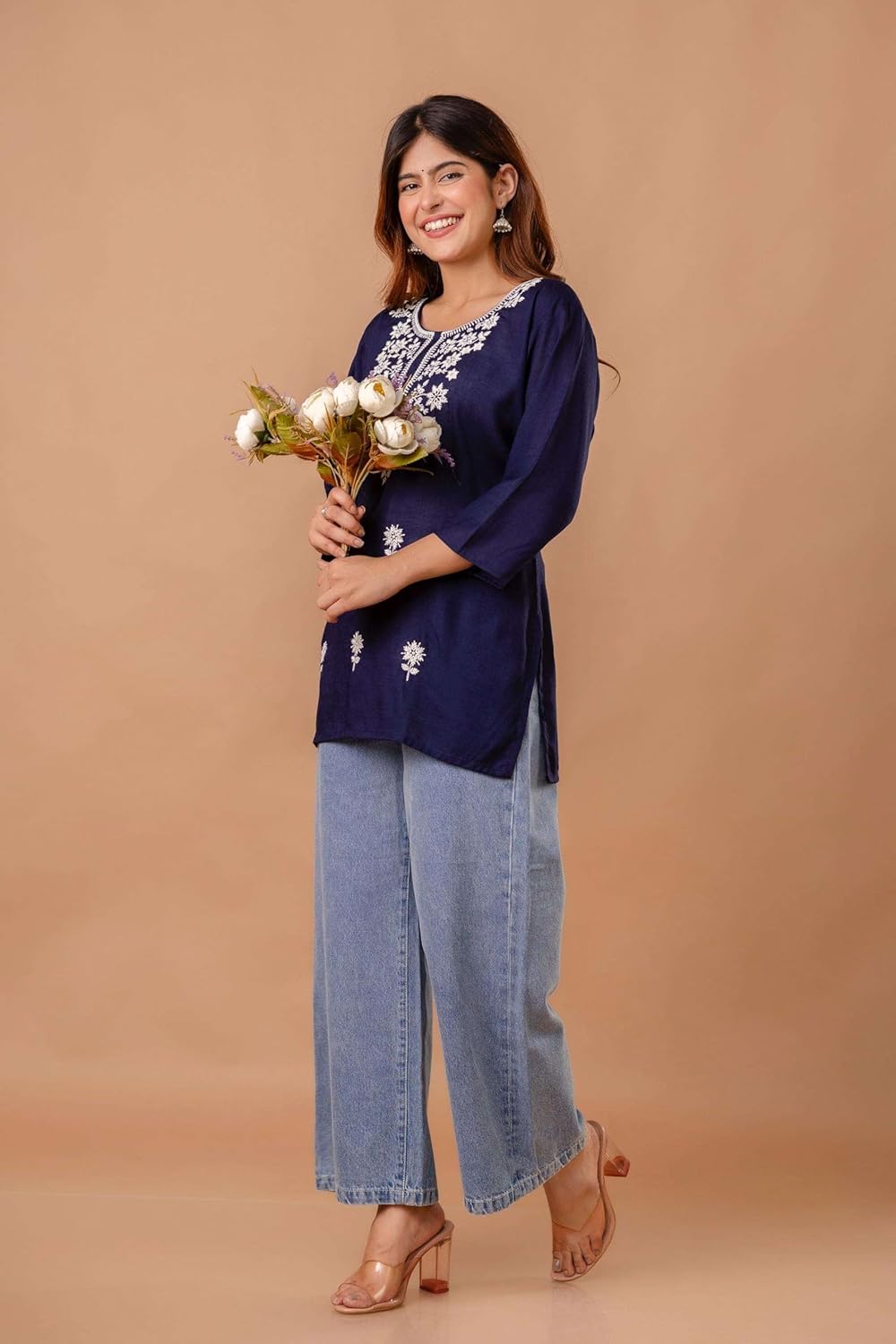 Women's Cotton Kurti with White Floral Embroidery