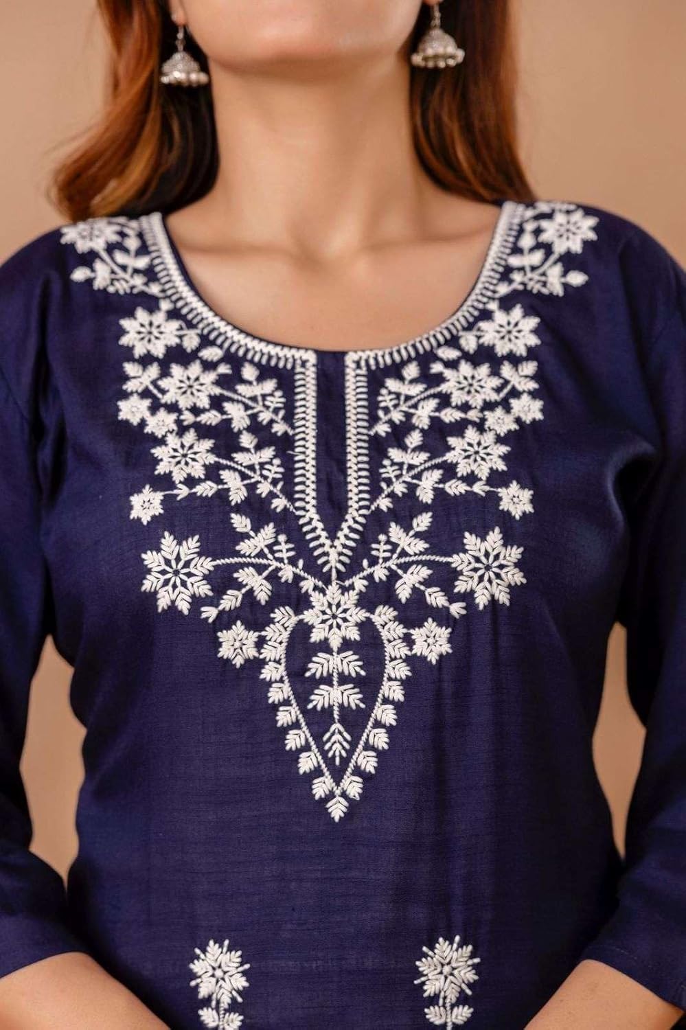 Women's Cotton Kurti with White Floral Embroidery