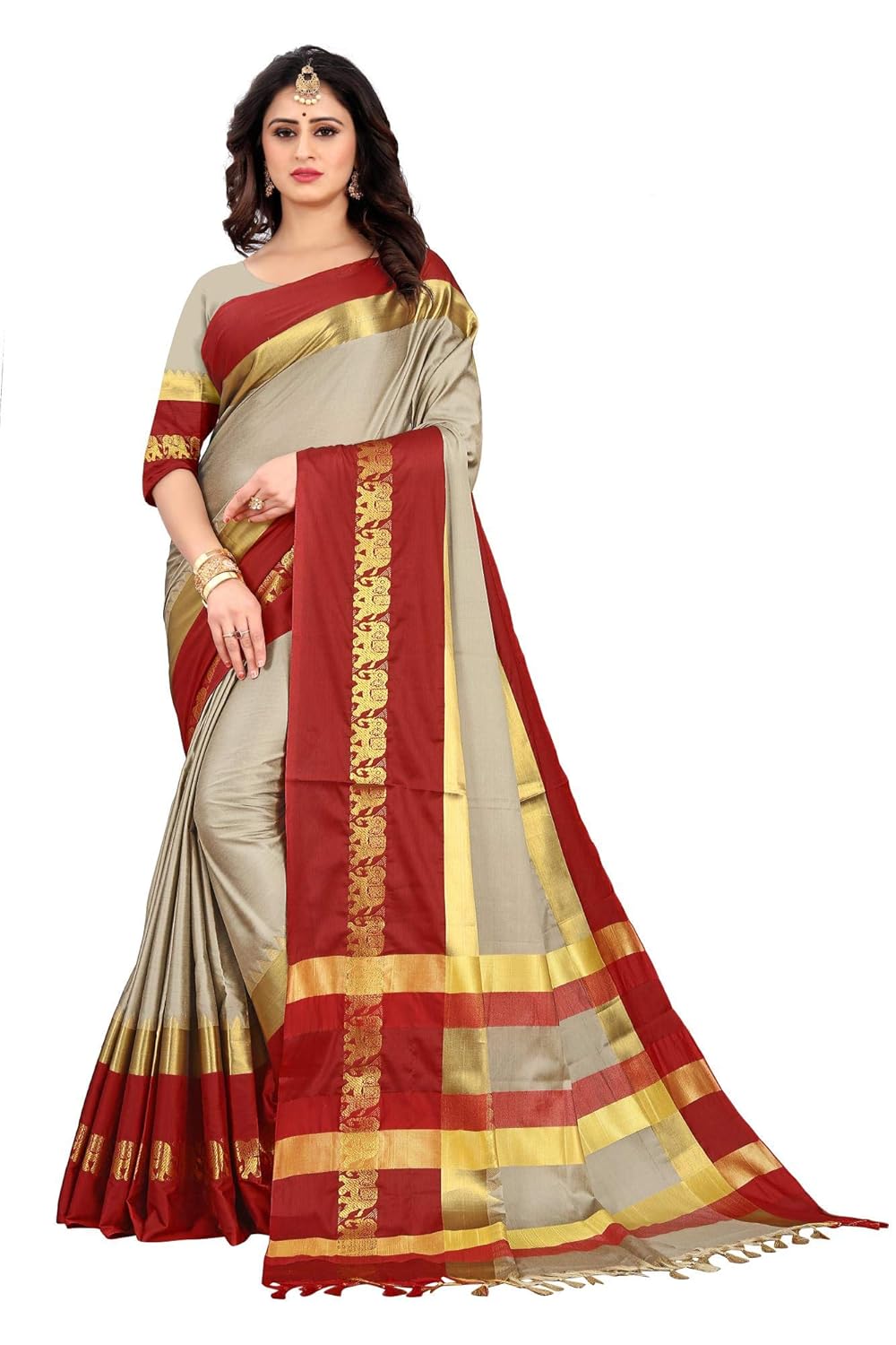 Women's Cotton Silk Plain Zari Work Designer Saree