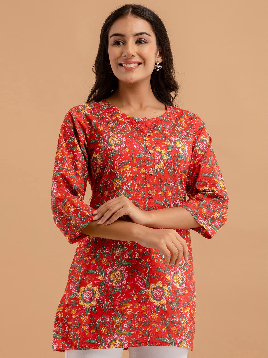 feranoid Women Cotton Printed Straight Short Kurti