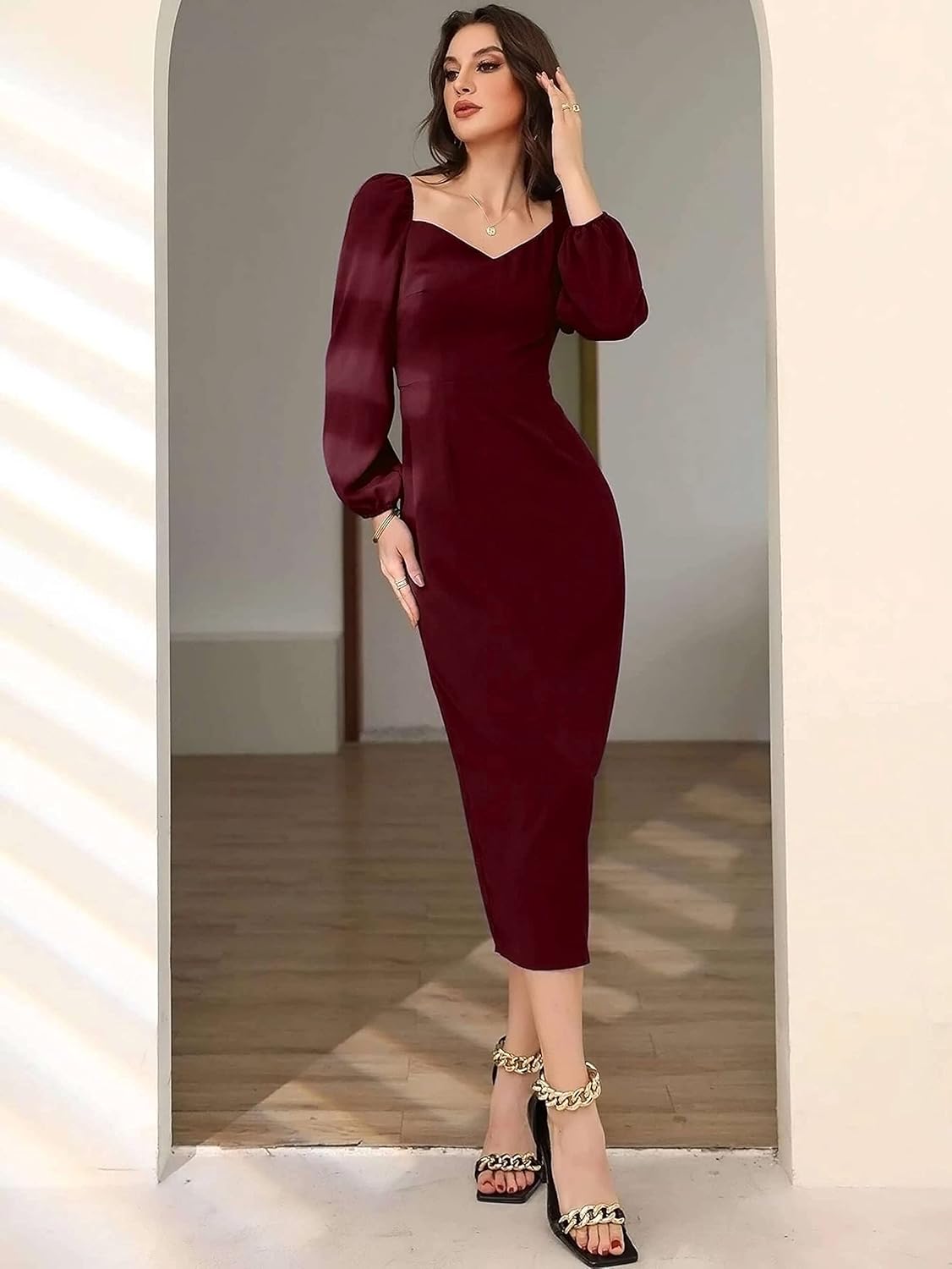 rosery paris Midi Bodycon Bishop Puff Sleeve One Piece Dress Causal Formal