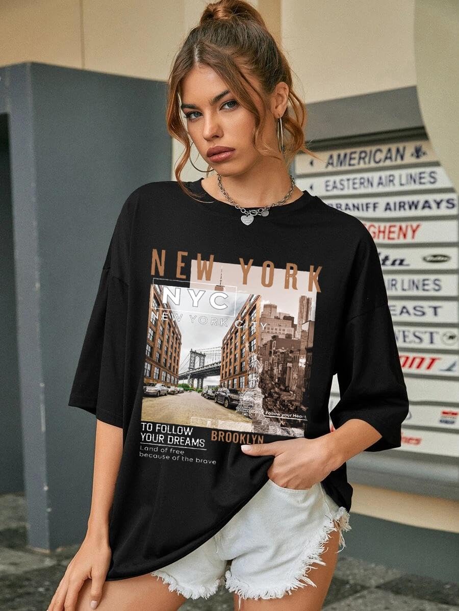 CHKOKKO Women's Polyester Oversized Fit Oversized Round Neck Drop Shoulder Printed T-Shirt