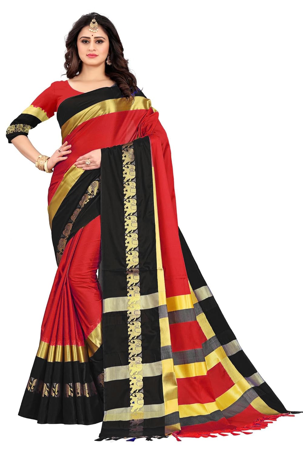 Women's Cotton Silk Plain Zari Work Designer Saree