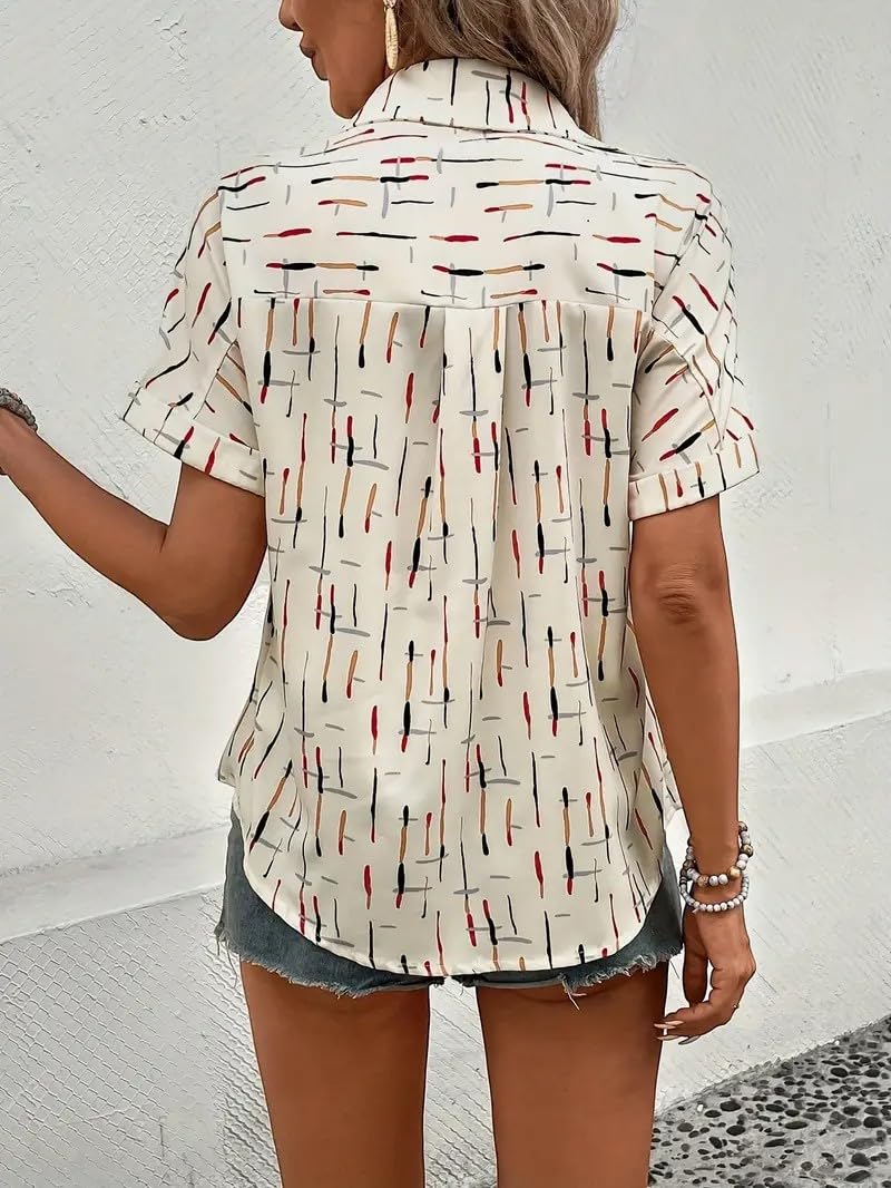 Gufrina Women’s Short Sleeve Button Down Shirt with Abstract Brushstroke Print in Beige and Multicolor - Lightweight Casual Summer Top for Relaxed Fit