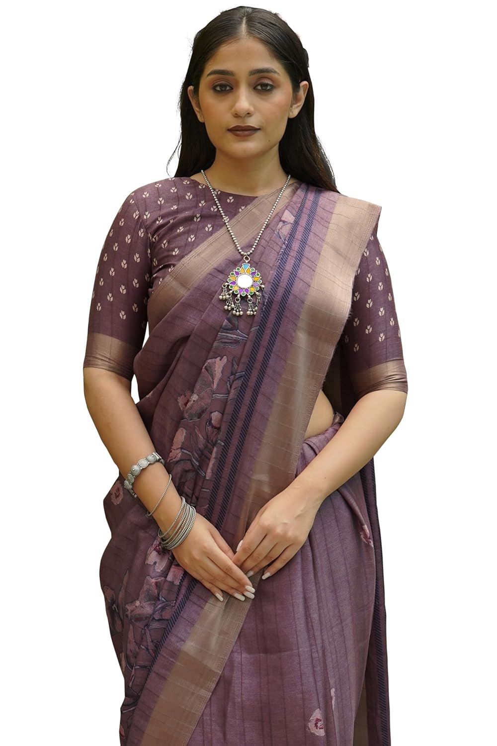Women's Silk Blend Floral Printed Saree with Blouse Piece