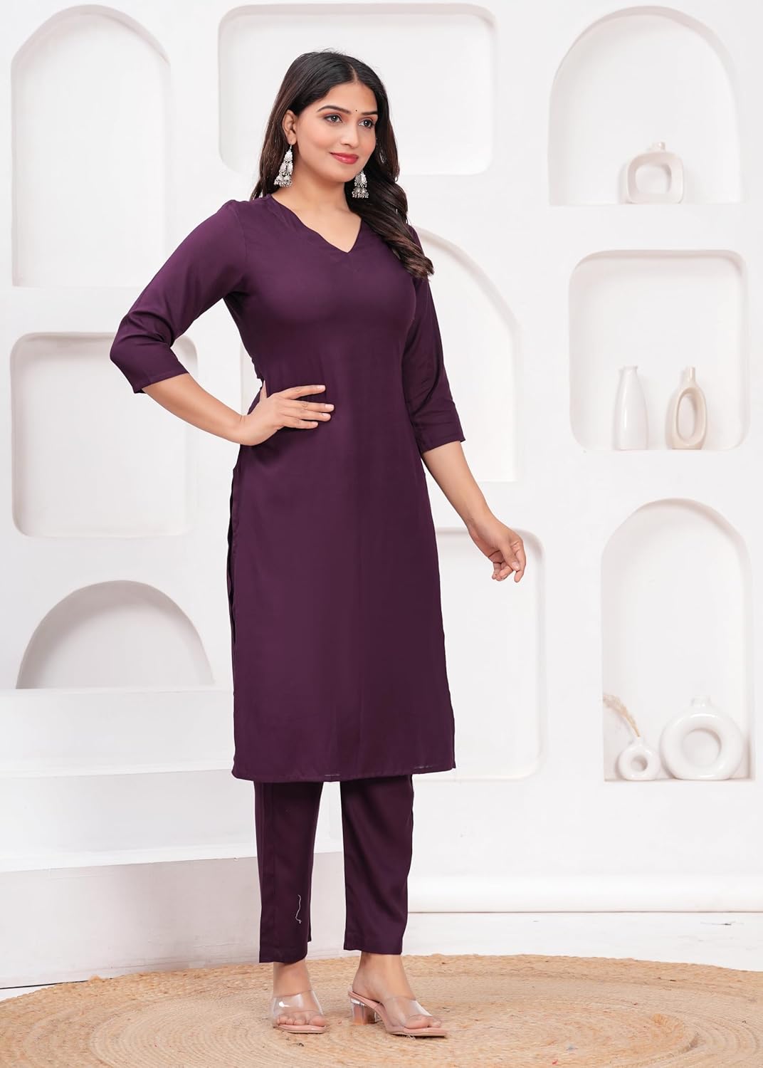 Women's Rayon Solid Plain v Neck Kurta Trouser/Pant Set