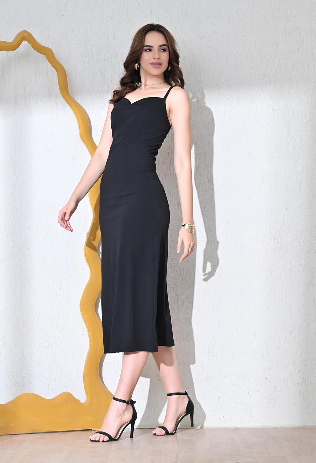 SAKSHI TRADER Women's Elegant Black Bodycon Midi Dress