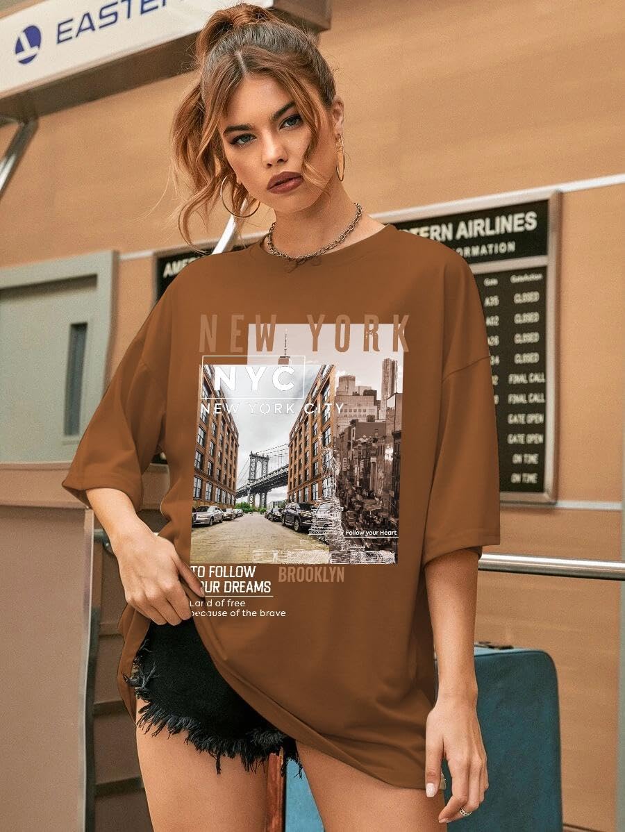 CHKOKKO Women's Polyester Oversized Fit Oversized Round Neck Drop Shoulder Printed T-Shirt