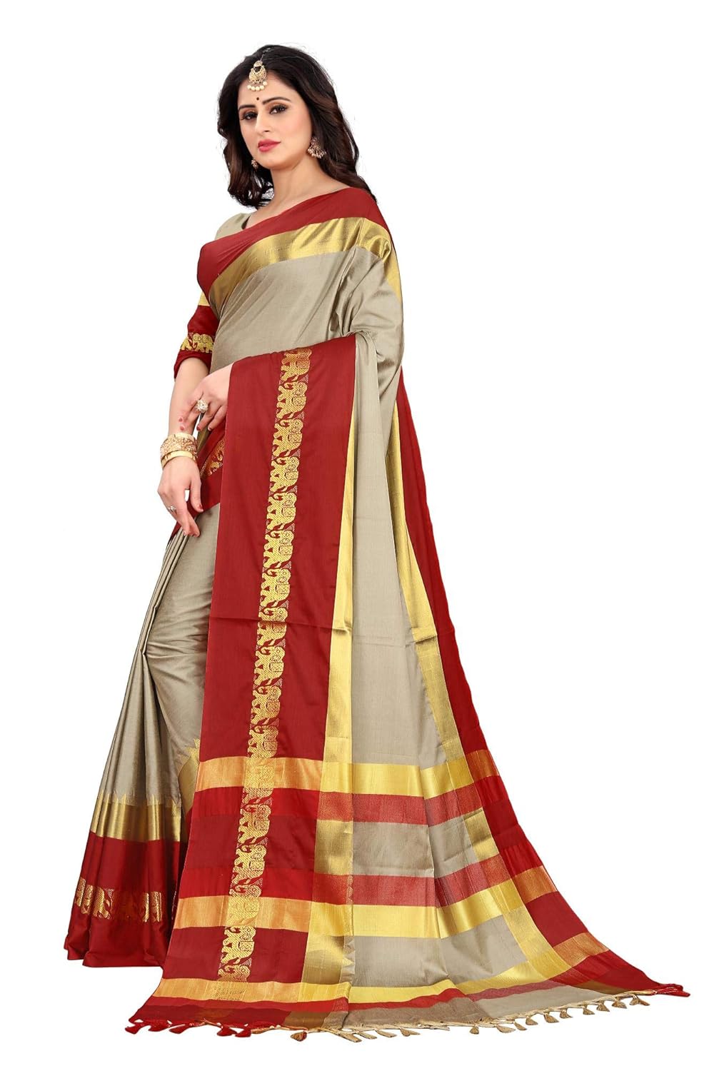 Women's Cotton Silk Plain Zari Work Designer Saree