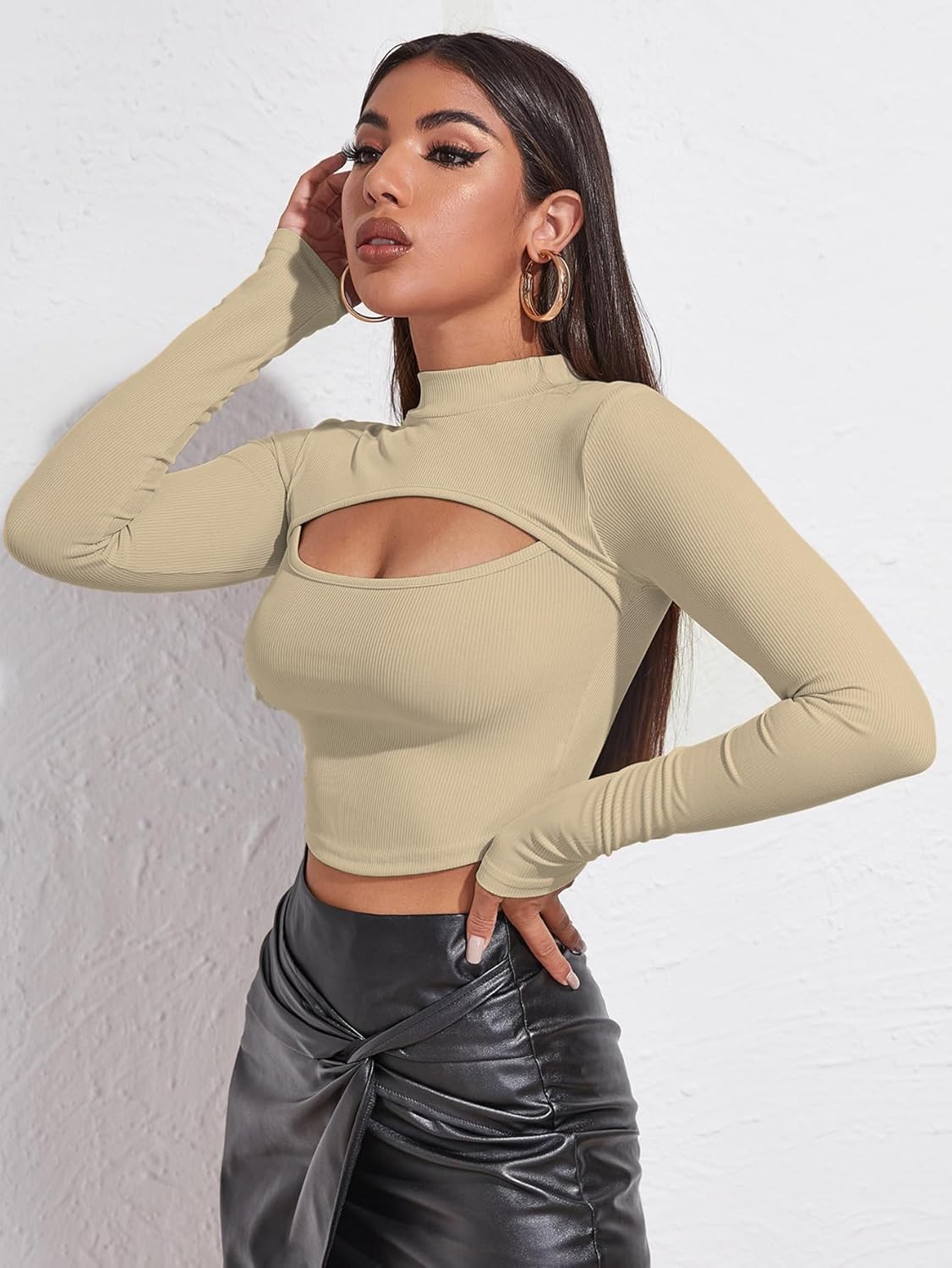 Sugathari Women's & Girl's Solid Knitted Full Sleeve High Neck Ruched Bust Crop Tee Tops (Top 109)