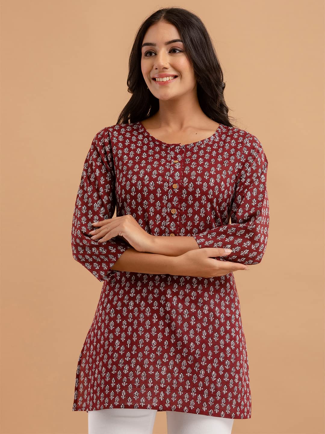 feranoid Women Cotton Printed Straight Short Kurti