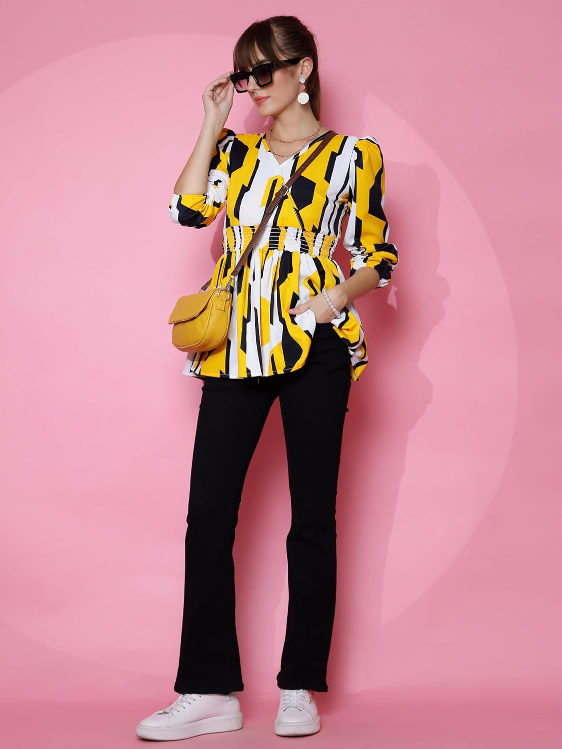 Sheetal Associates Women's Casual Bishop Sleeves Polka Print Peplum Top