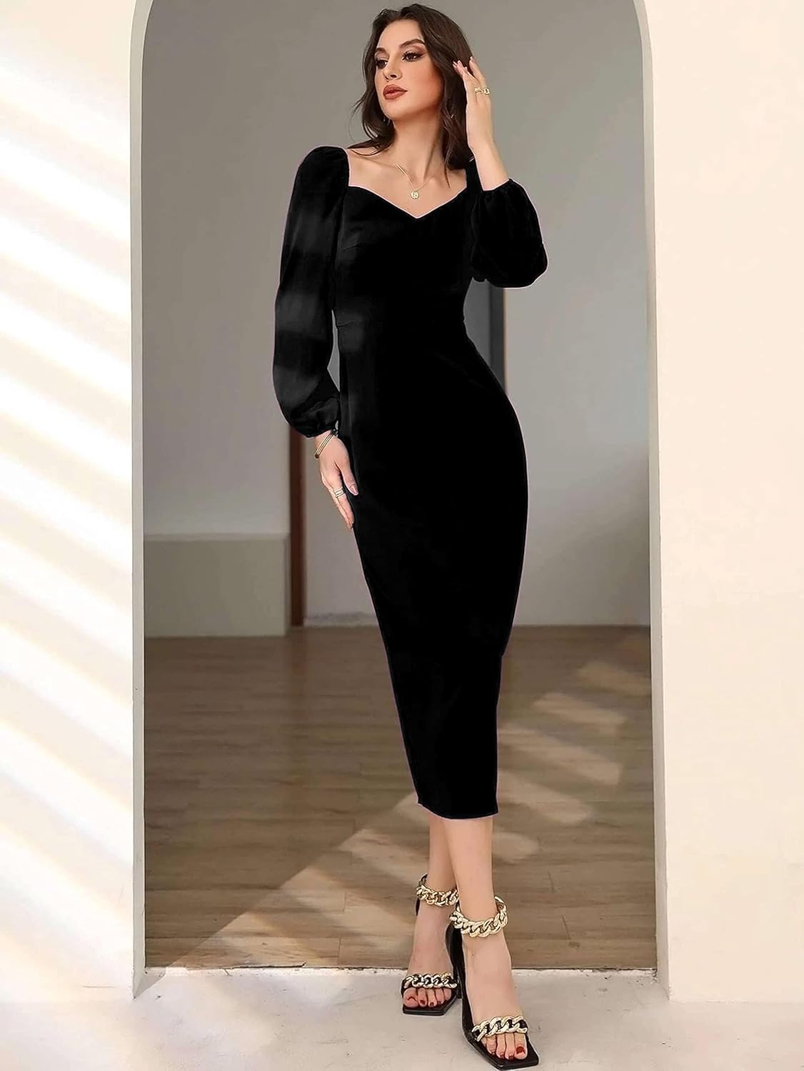 rosery paris Midi Bodycon Bishop Puff Sleeve One Piece Dress Causal Formal