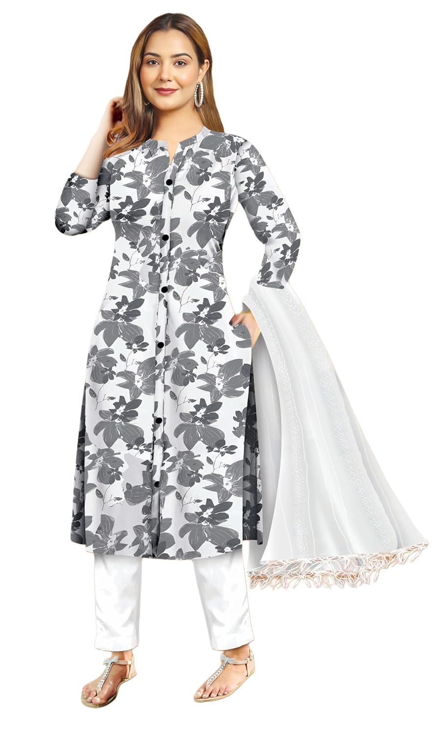 Women's Cotton Floral Print Kurti Pant Set with Dupatta