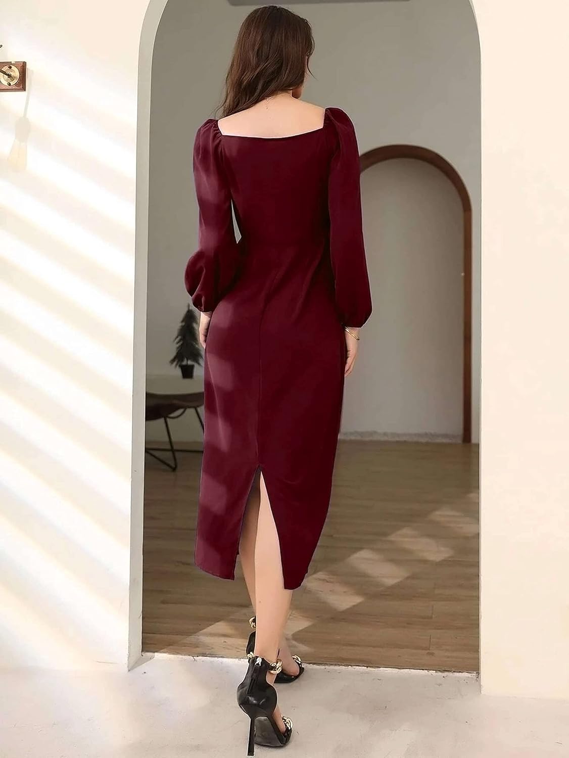 rosery paris Midi Bodycon Bishop Puff Sleeve One Piece Dress Causal Formal