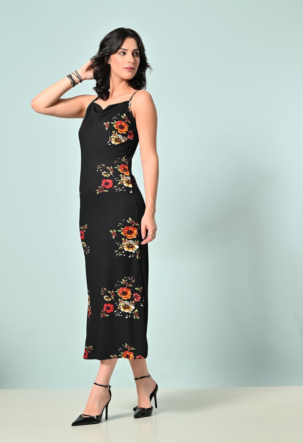 SAKSHI TRADER Women's Elegant Black Bodycon Midi Dress