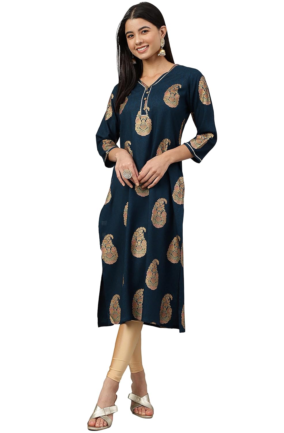 Women's Orange Rayon Gold Floral Print Straight Kurta