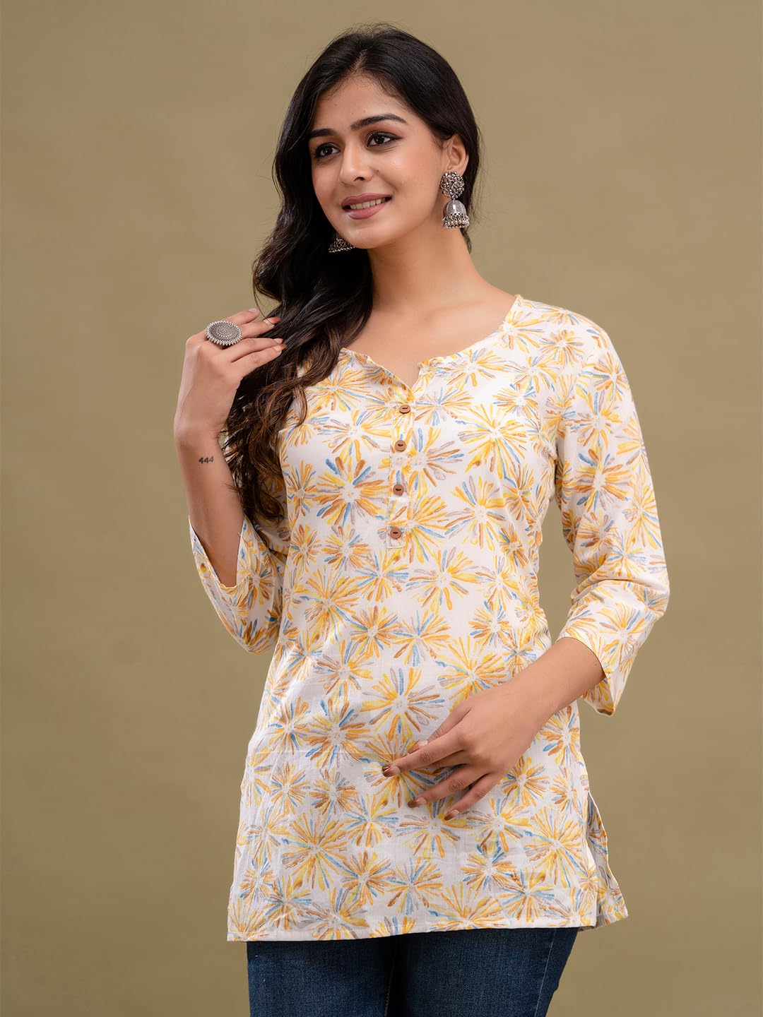 feranoid Women Cotton Printed Straight Short Kurti