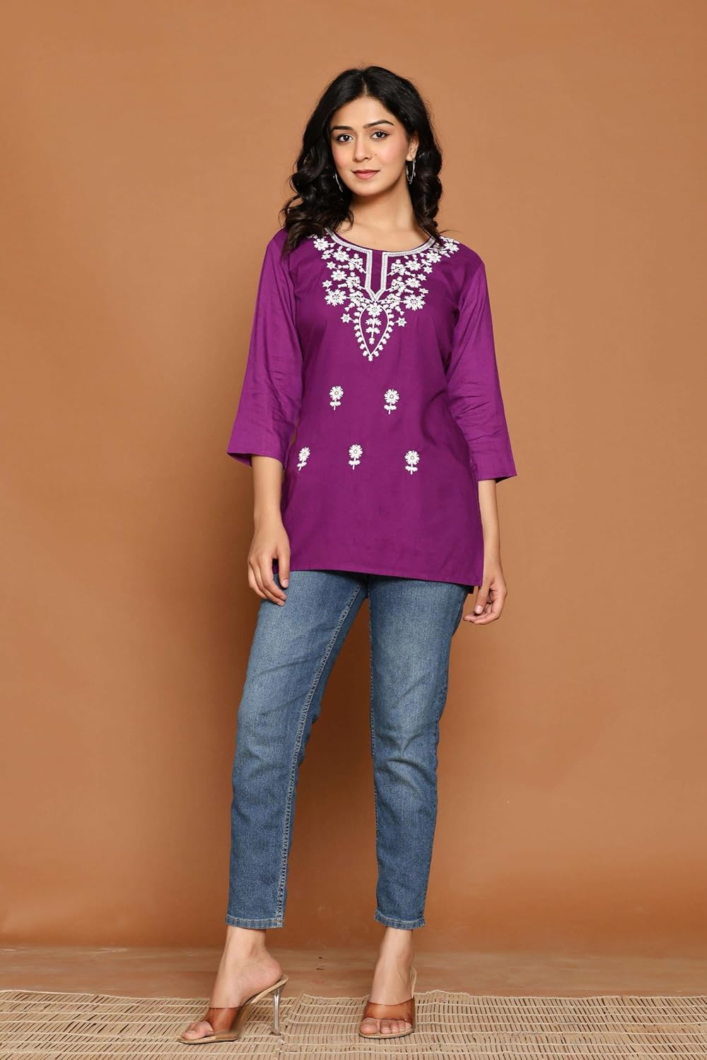 Women's Cotton Kurti with White Floral Embroidery