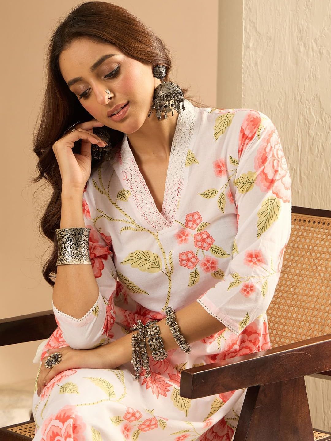 Royal Export Women's Beige Floral Printed Blend Cotton