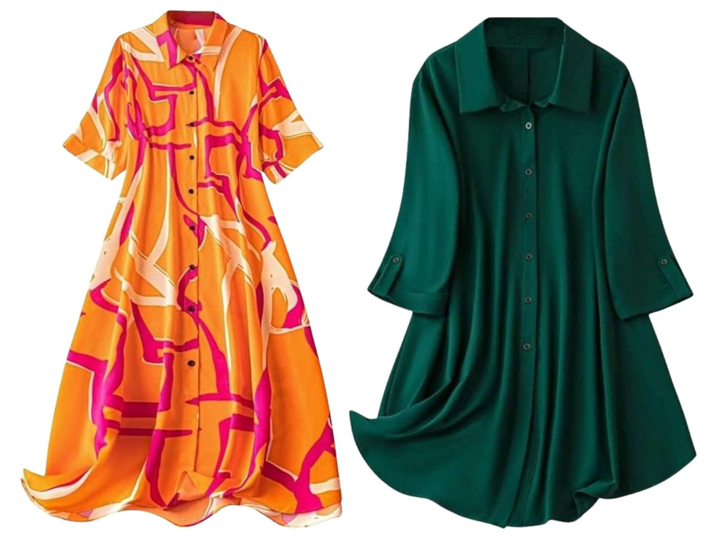 Leriya Fashion Women's Shirt Dress Knee Length Dress | Loose Fit | Button-Down | | 3/4 Sleeve | Summer Wear | Available in (Pack of 2 | Value Pack)