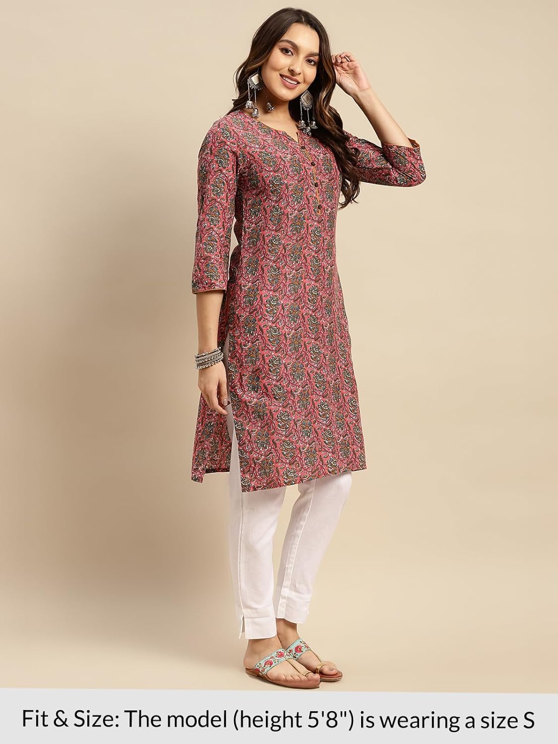 Rangita Coral Cotton Knee Length Printed Straight Kurti