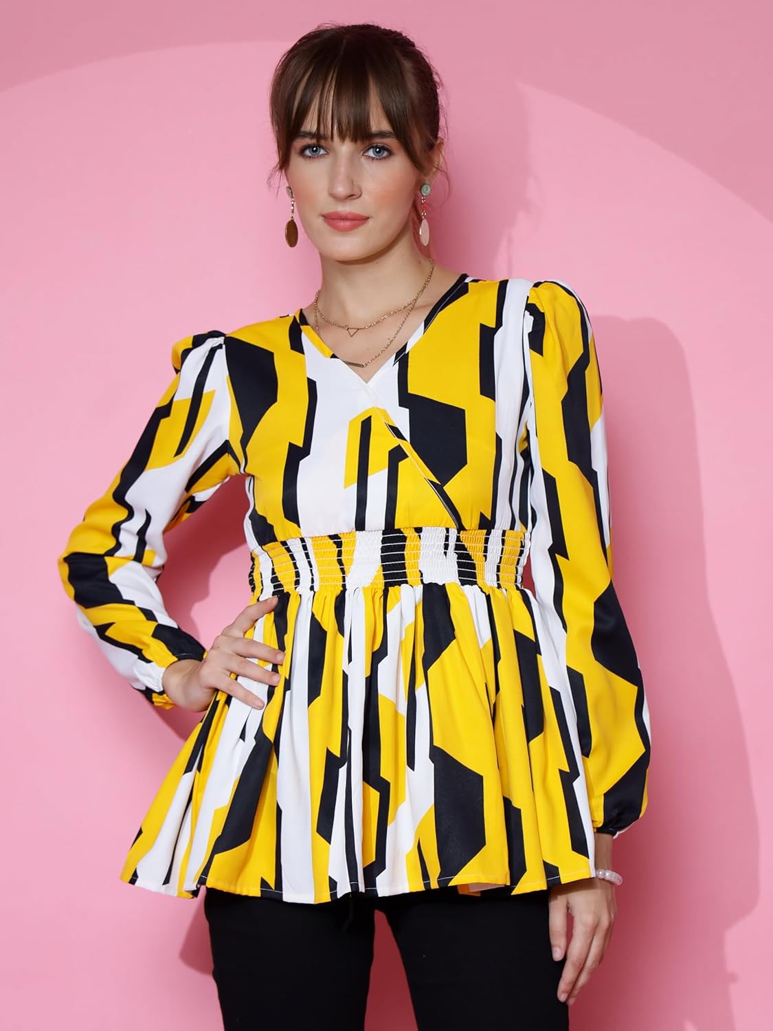 Sheetal Associates Women's Casual Bishop Sleeves Polka Print Peplum Top