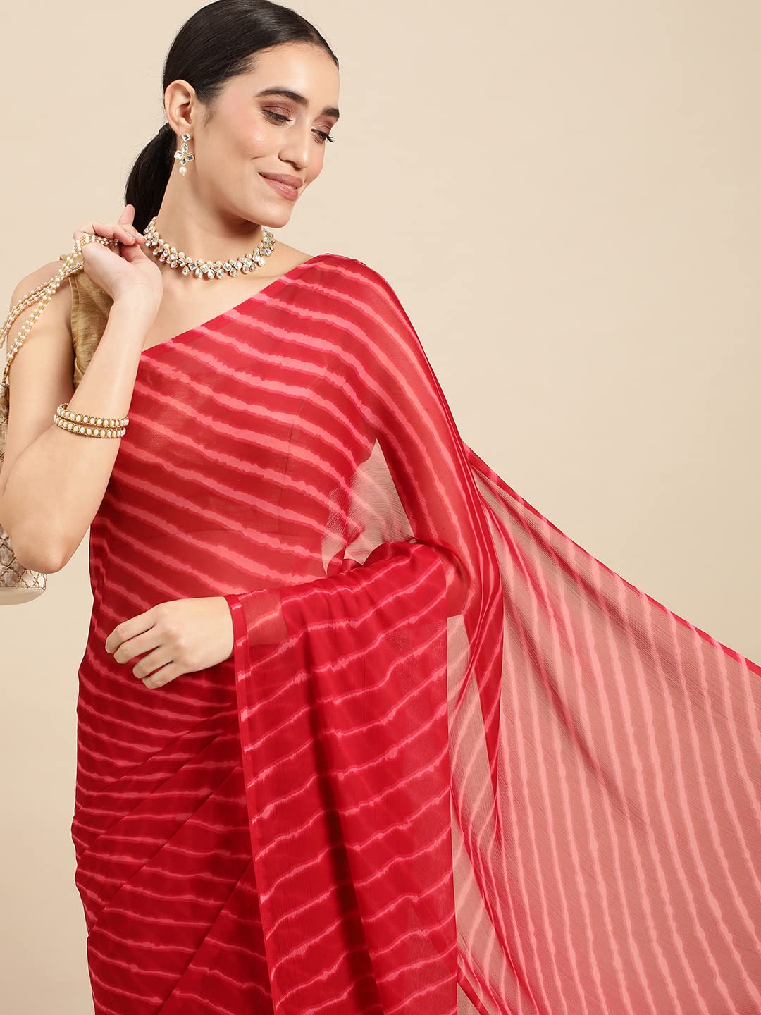 Women's Chiffon Lehriya Printed Saree Without Blouse