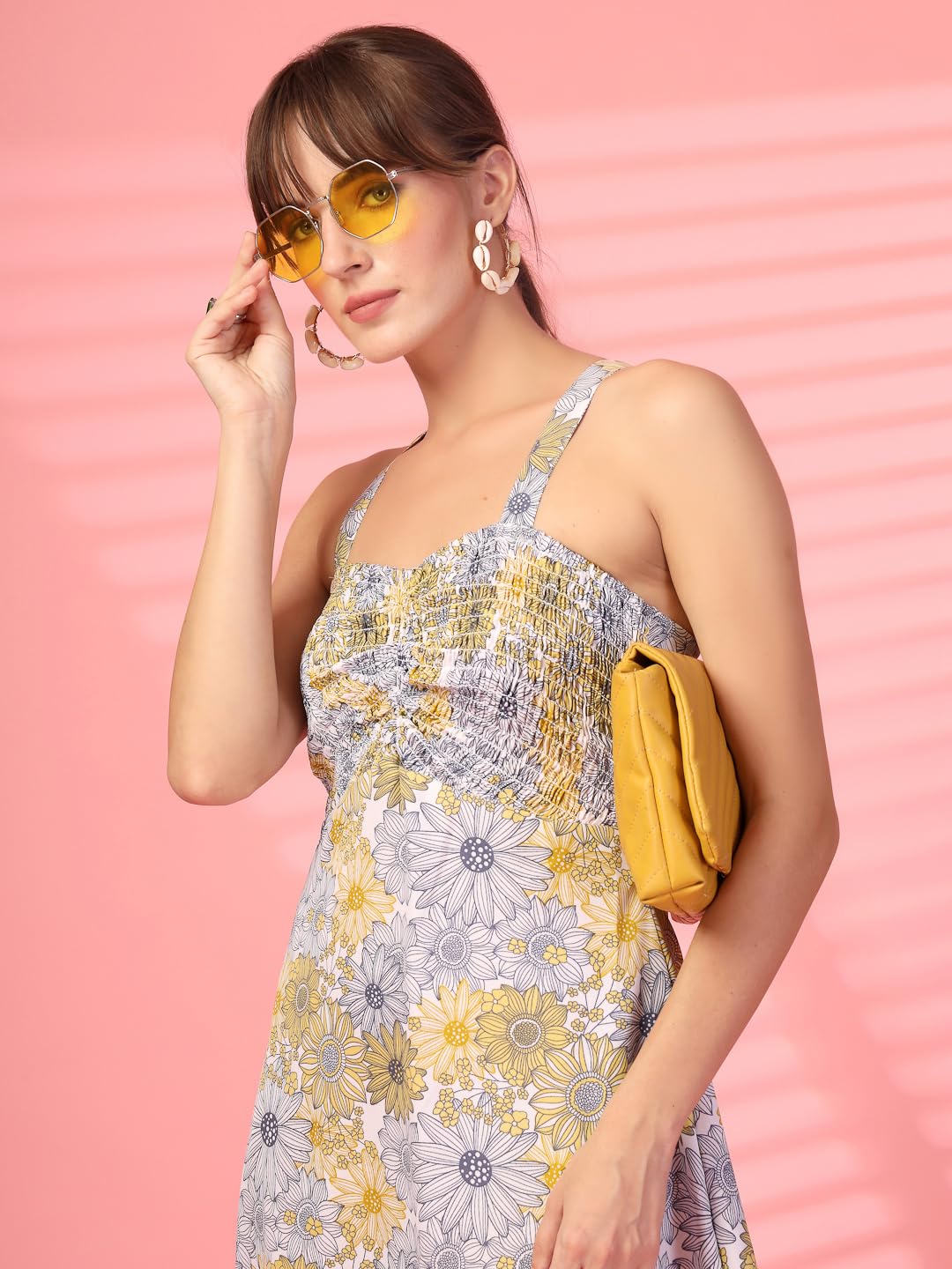 OOMPH! Women A-Line Printed Crepe Midi Dress, Smocked Bodice