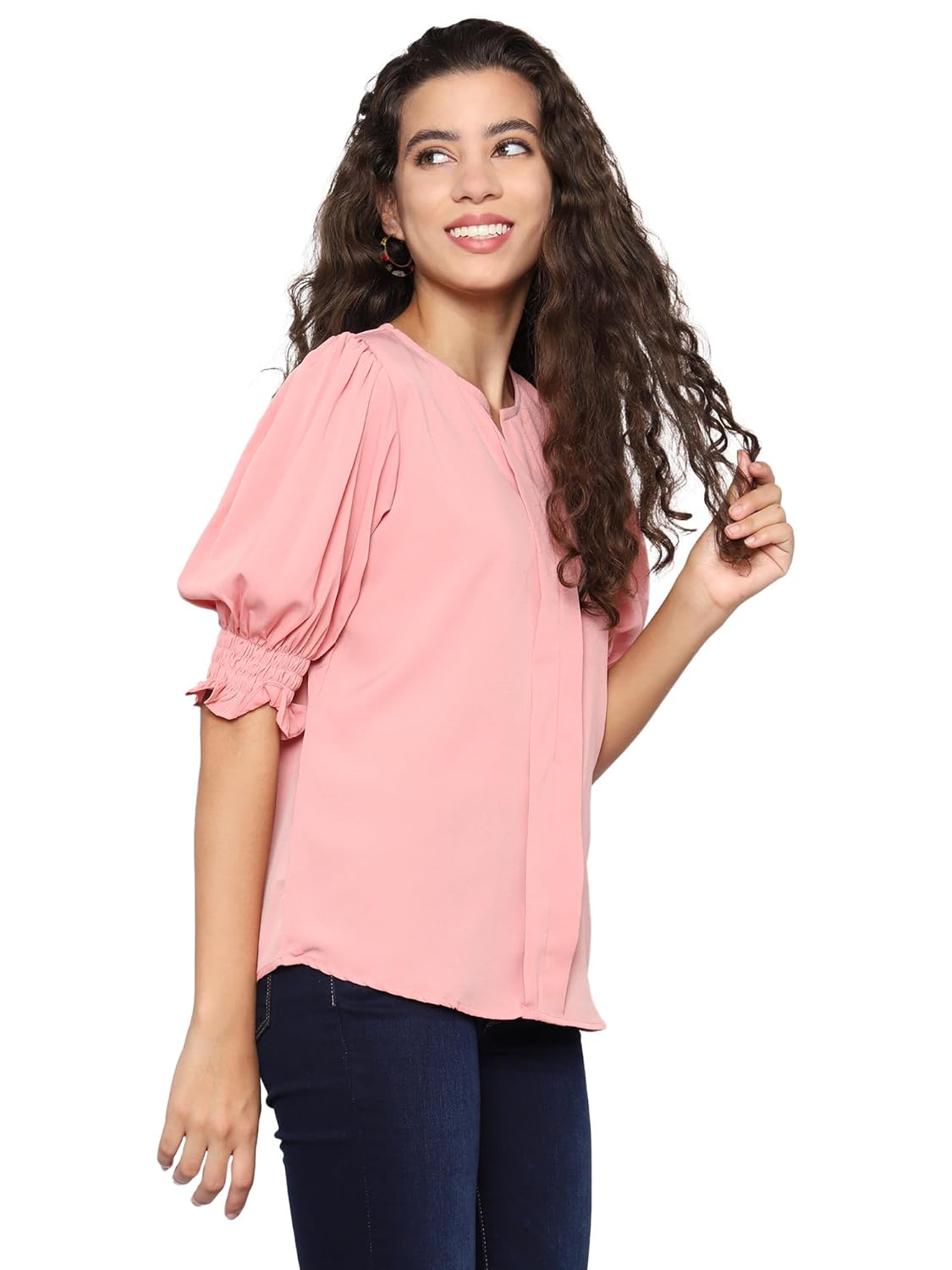 AntiQa Solid Puff Sleeve Top for Women Stylish Western - Casual V-Neck Ruffle Sleeve Blouse Wear as Latest Formal Office Tunics Western Tops for Summer, Short Plain Shirt for Womens