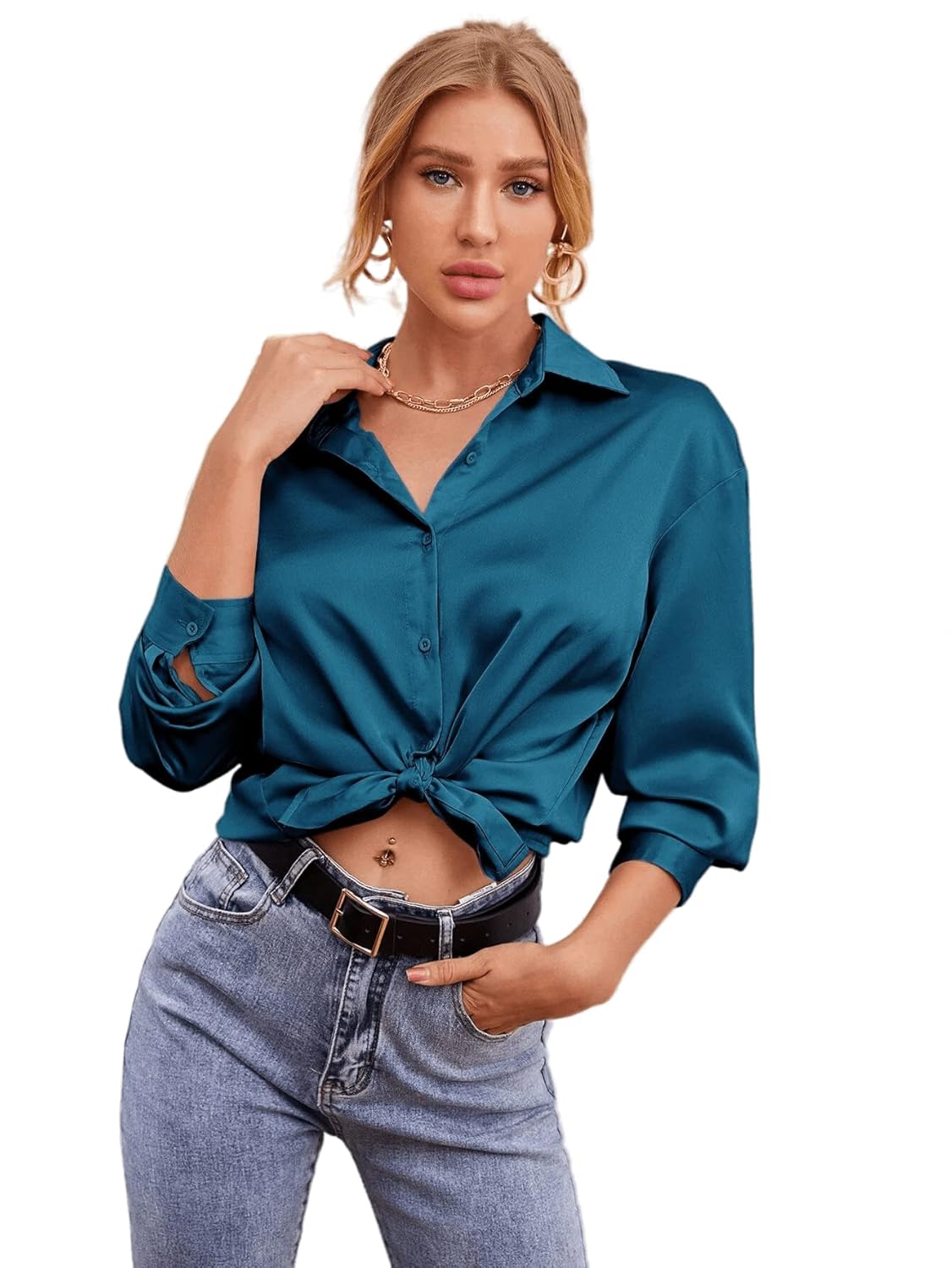 Bowrain Satin Silk Fabric Spread Collar Full Sleeve Top