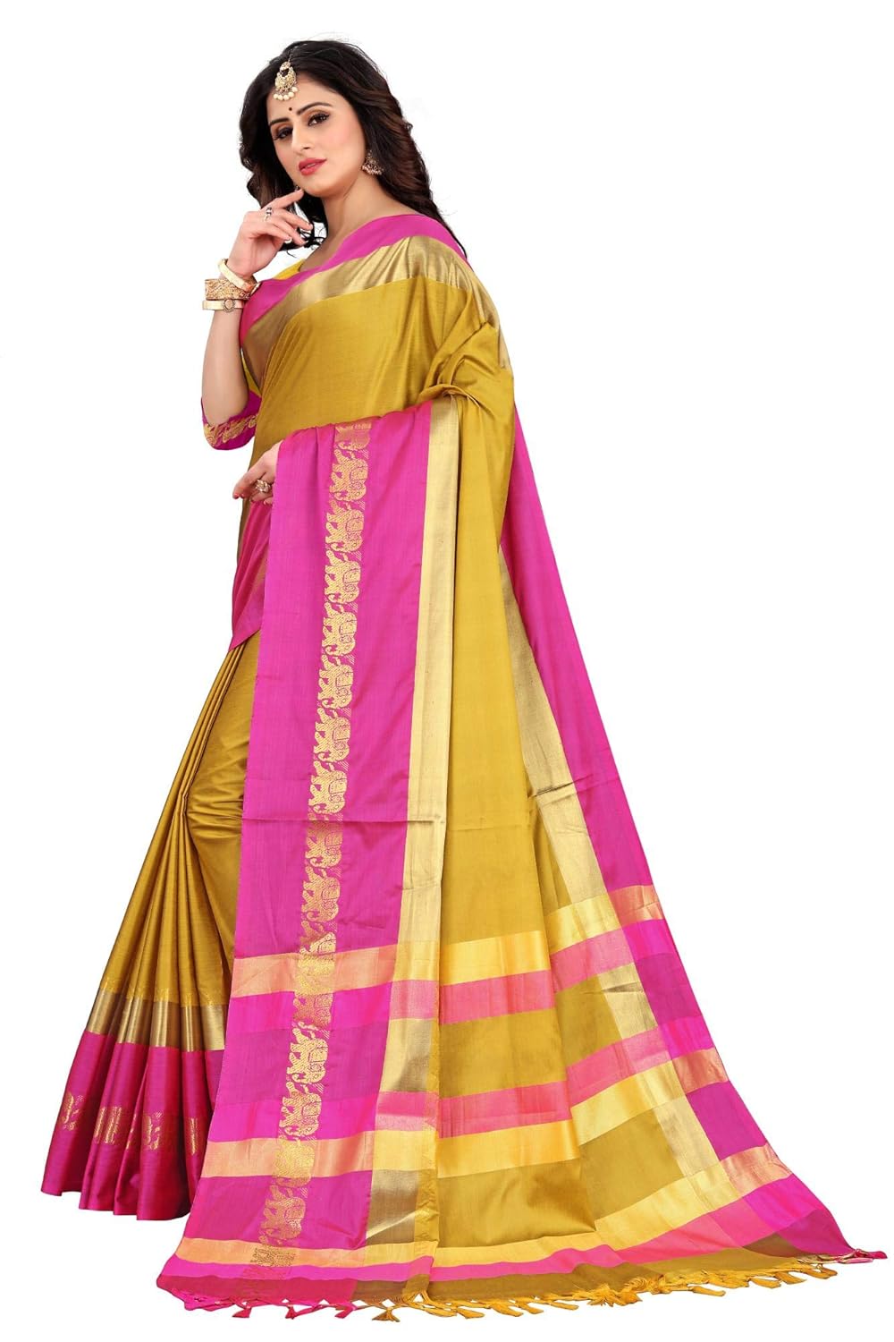 Women's Cotton Silk Plain Zari Work Designer Saree