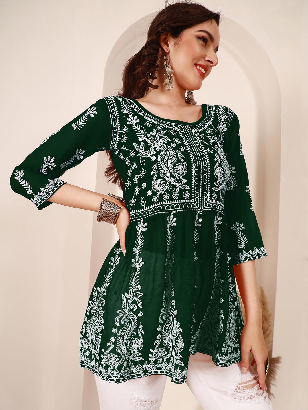 EthnicJunction Georgette Women Chikan Embroidery