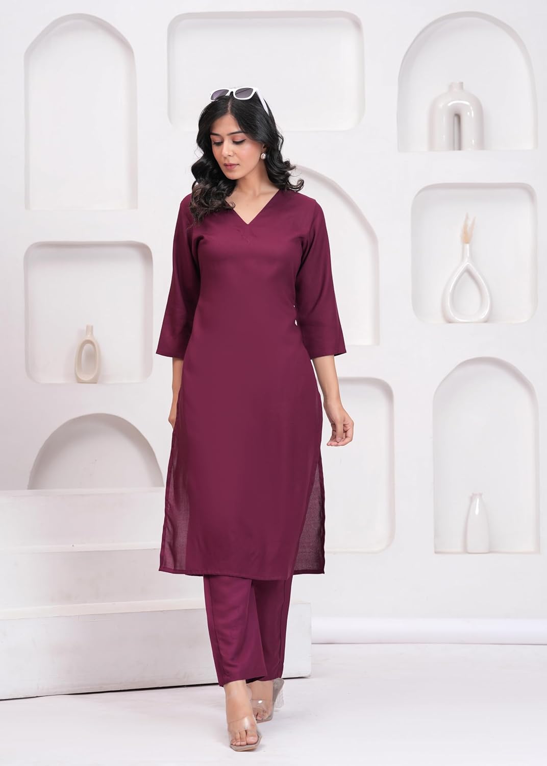 Women's Rayon Solid Plain v Neck Kurta Trouser/Pant Set
