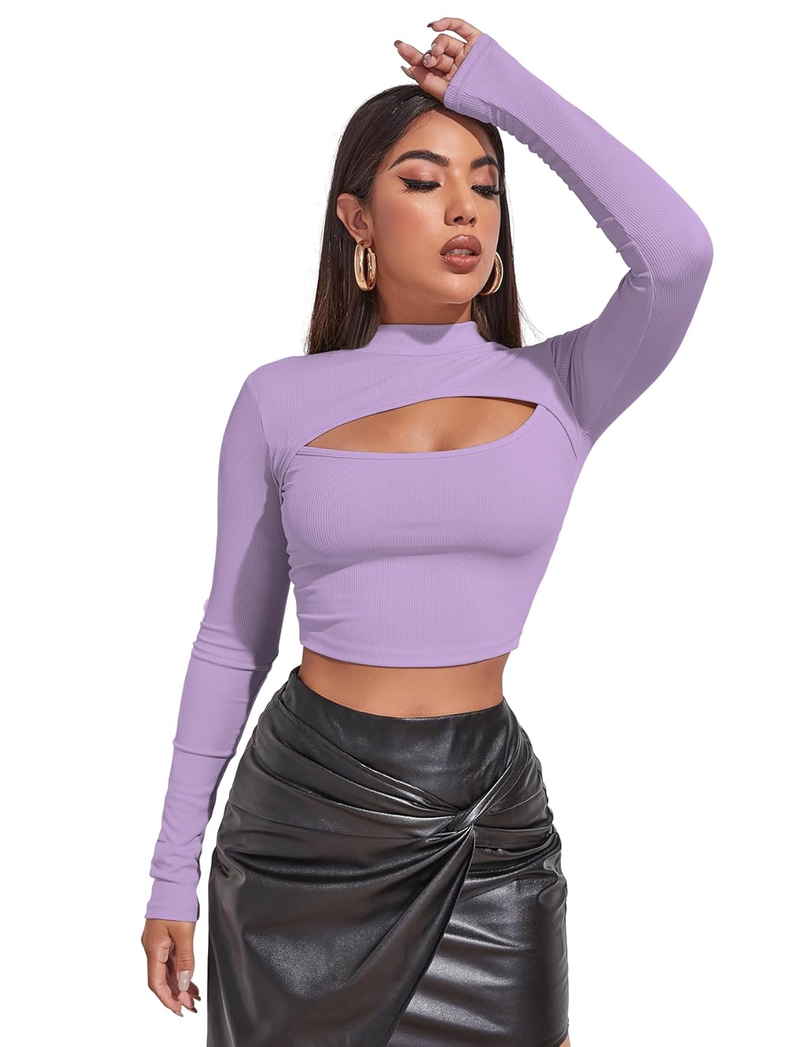 Sugathari Women's & Girl's Solid Knitted Full Sleeve High Neck Ruched Bust Crop Tee Tops (Top 109)