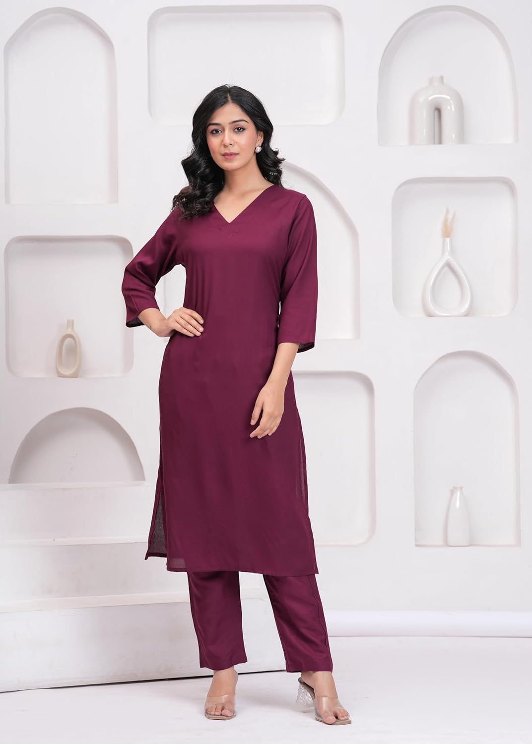 Women's Rayon Solid Plain v Neck Kurta Trouser/Pant Set