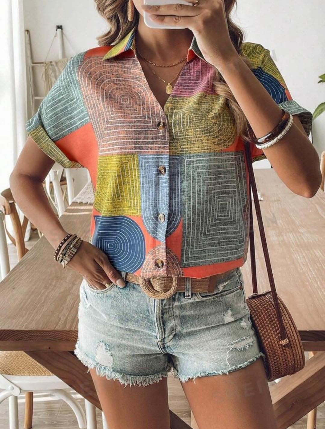 Gufrina Women's Colorful Abstract Geometric Print Shirt