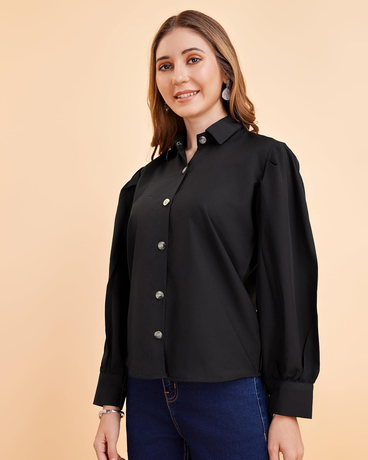 harshiv Enterprise Women's Crepe Casual Balloon Sleeve Shirt | Stylish Lightweight Top for Office, Travel Comfortable, Breathable, Easy to Care Fabric