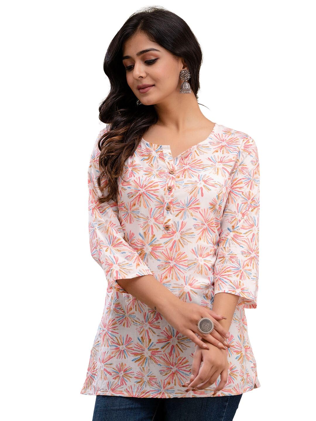 feranoid Women Cotton Printed Straight Short Kurti