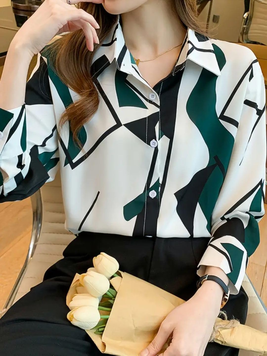 Trendy Queen Women's Short Sleeve Button-Down Shirt | Printed Casual Crop Top | Stylish Collared Shirt for Women | Oversized Shirt for Woman