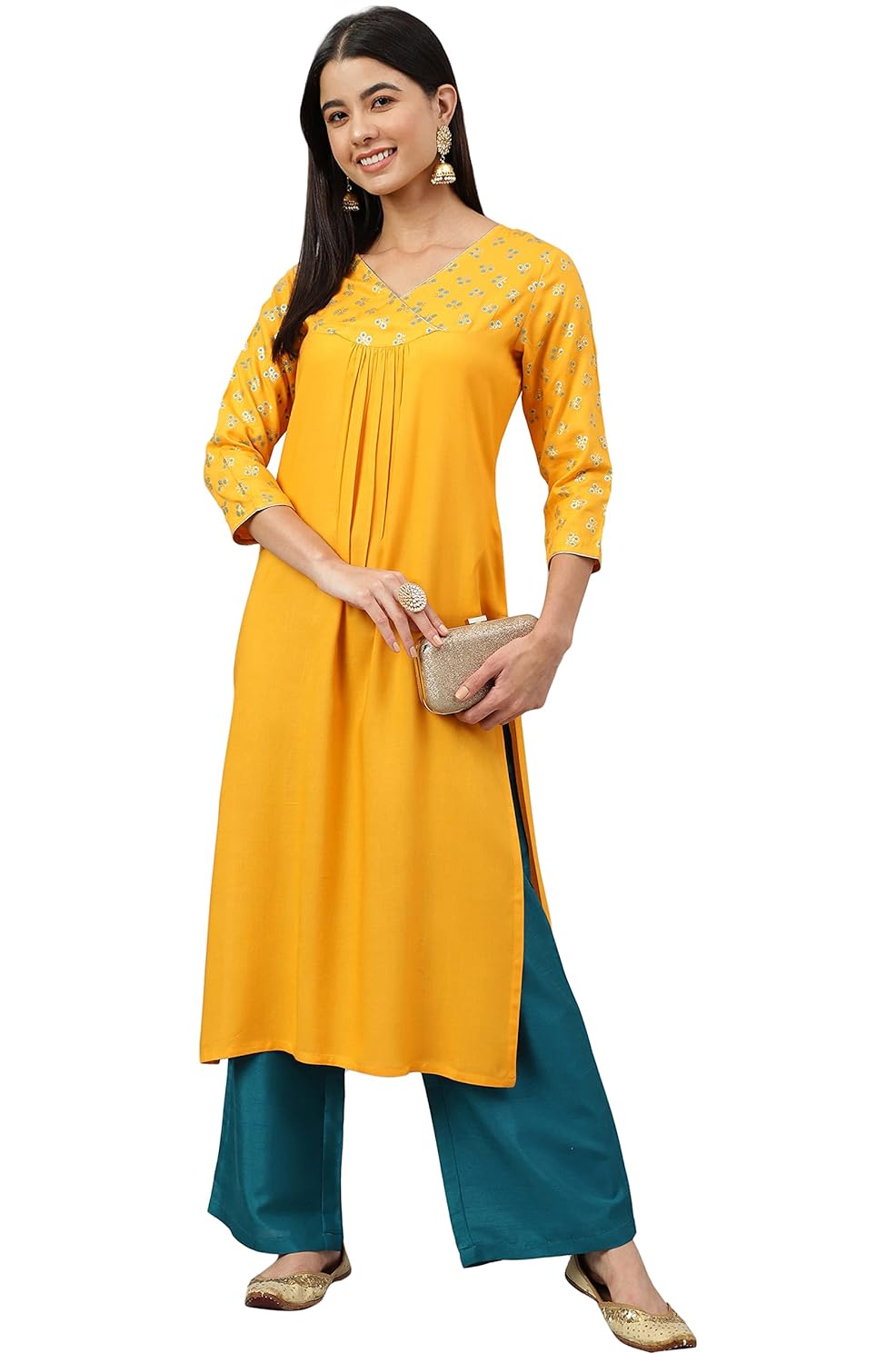 Women's Orange Rayon Gold Floral Print Straight Kurta
