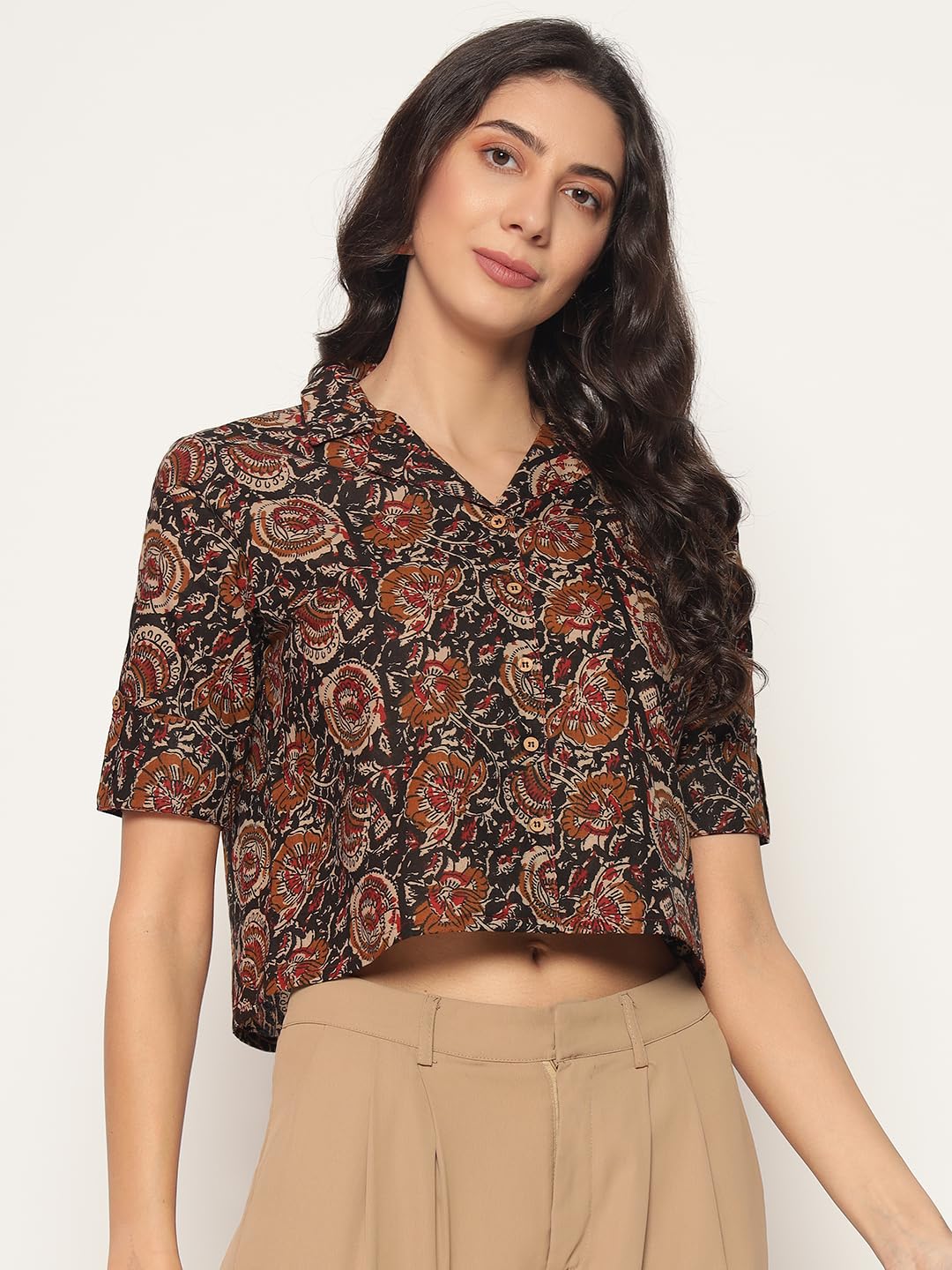 HION HILS Women's Kalamkari Printed Cuban Collar