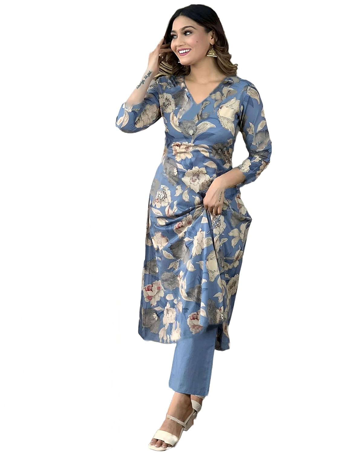 Women's Rayon Blend Straight Printed Kurta with Pant