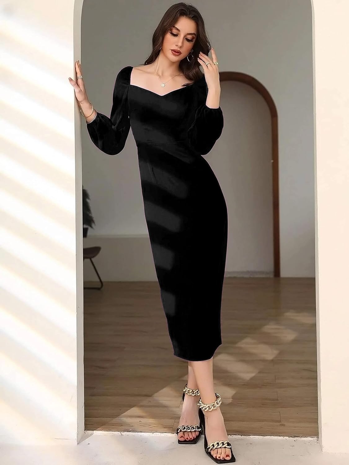 rosery paris Midi Bodycon Bishop Puff Sleeve One Piece Dress Causal Formal