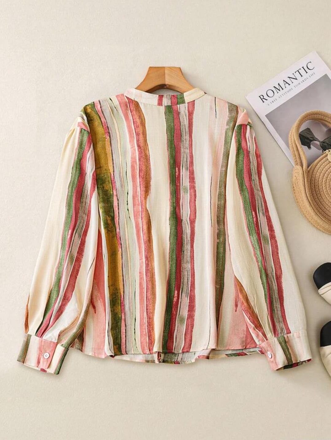 Gufrina Women's Cotton Lilen Striped Printed Shirt, Collar Neck, Full Sleeves Shirt top, Casual Wear