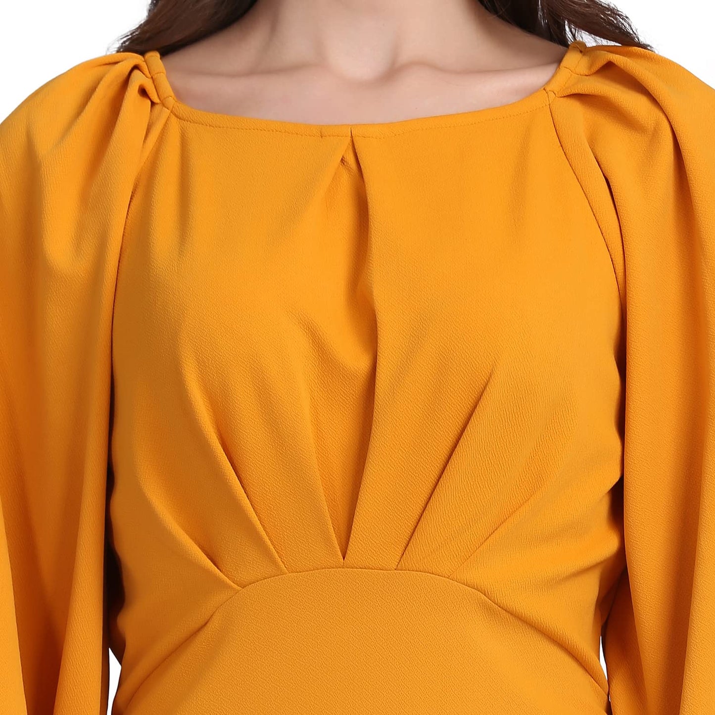 Shasmi Women's Comfortable Mustard Round Neck Full Sleeve Solid Midi Bodycon Casual Western Stylish Dress