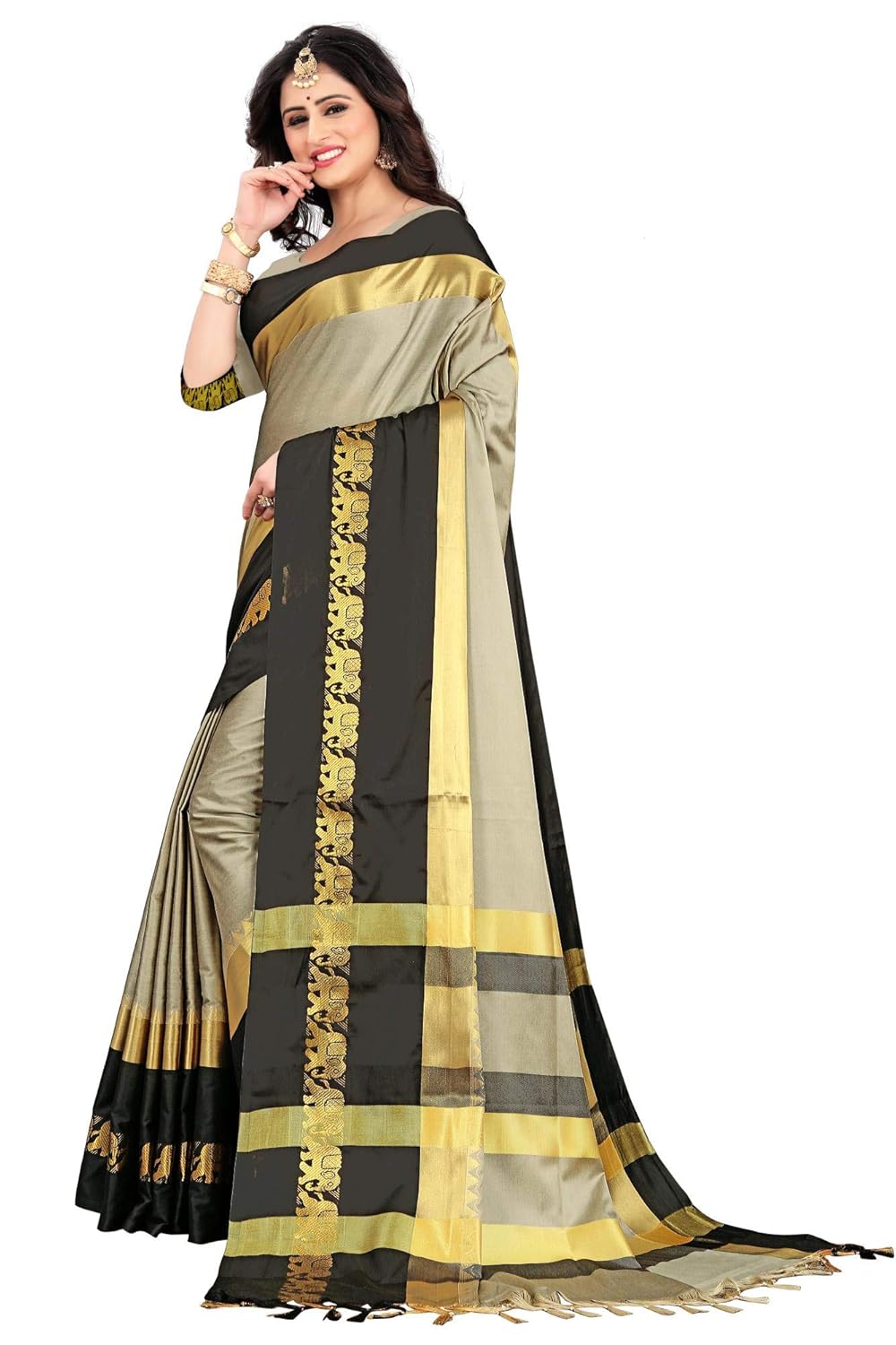 Women's Cotton Silk Plain Zari Work Designer Saree